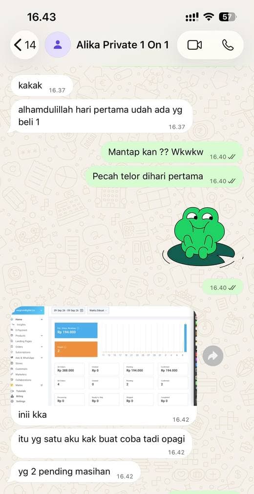 Screenshot chat: Alika — closing hari pertama