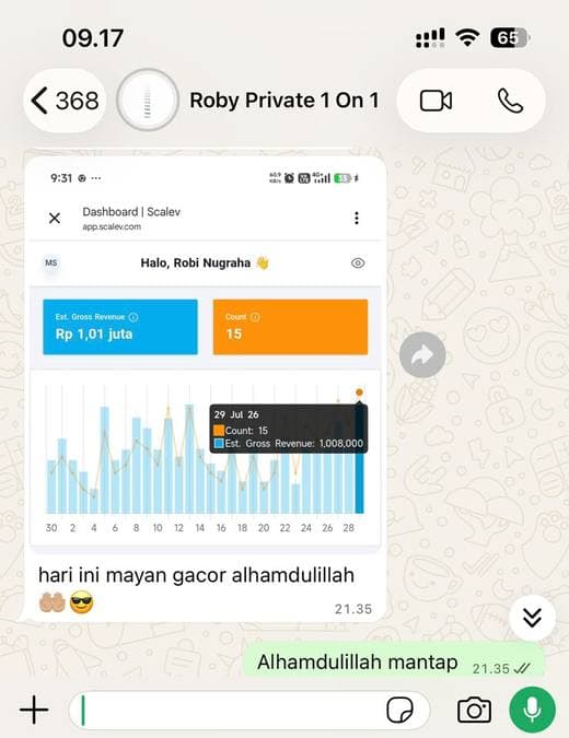 Screenshot chat: Roby — hasil harian
